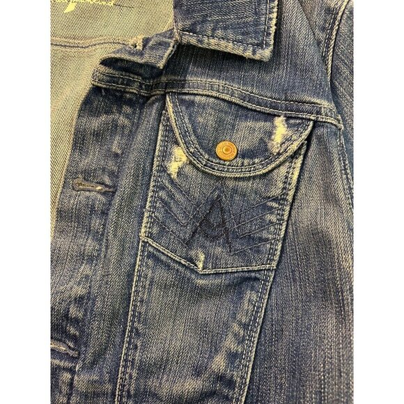 7 For All Mankind Womens Denim Jacket Medium Wash Distressed Button-Up Small - Picture 4 of 5